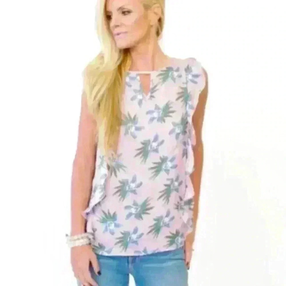 Cupcakes Cashmere Floral Ruffle Scoop Neck Keyhole Peasant Sleeveless Blouse (M) - Picture 1 of 8